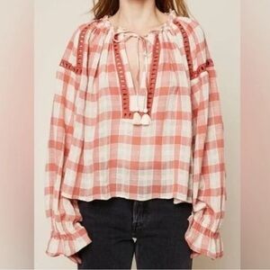 Free People Honey Grove Gingham‎ Balloon Sleeve Blouse Peach Ivory Women’s Med